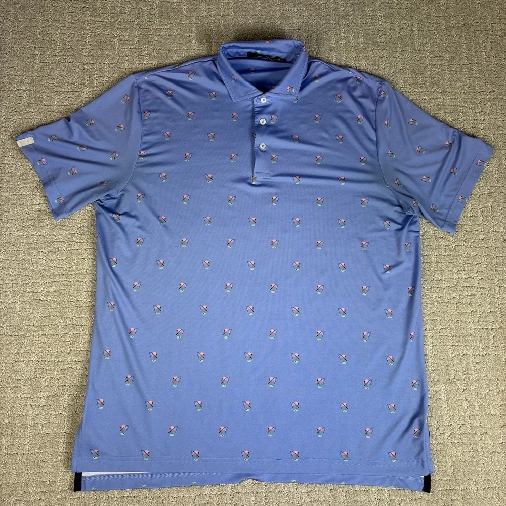 RLX Ralph Lauren Polo Shirt Mens L Blue Golf Flamingo Print Wicking Stretch